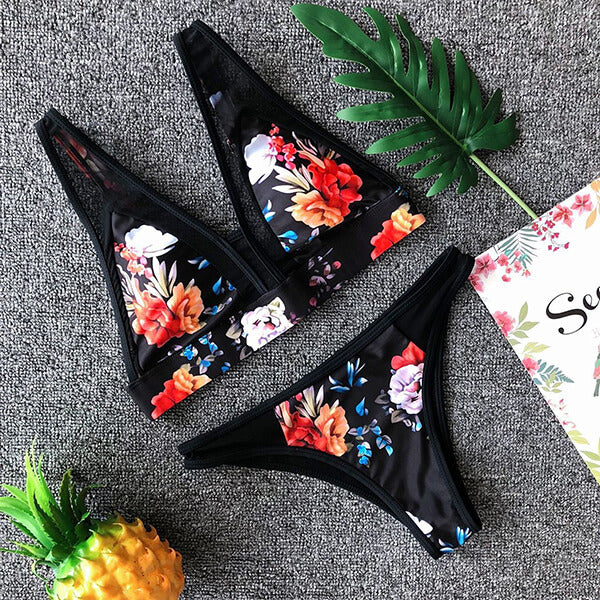 Sexy Floral Lace Detail Bikini In Black Jocelyn