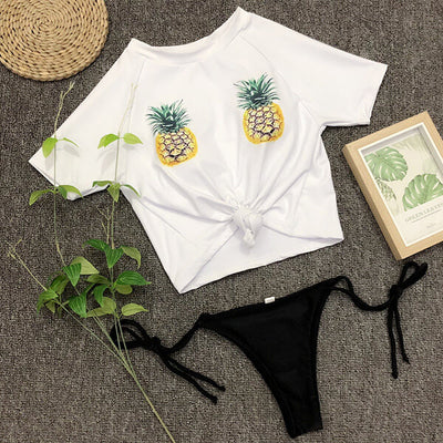 Short Sleeve High Neck Front Tie Pineapple Bikini